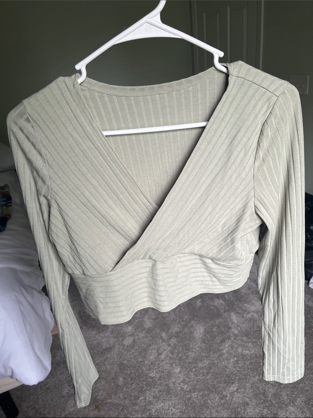 SHEIN Ribbed Surplice Cropped Long-Sleeve Top - Sage Green
